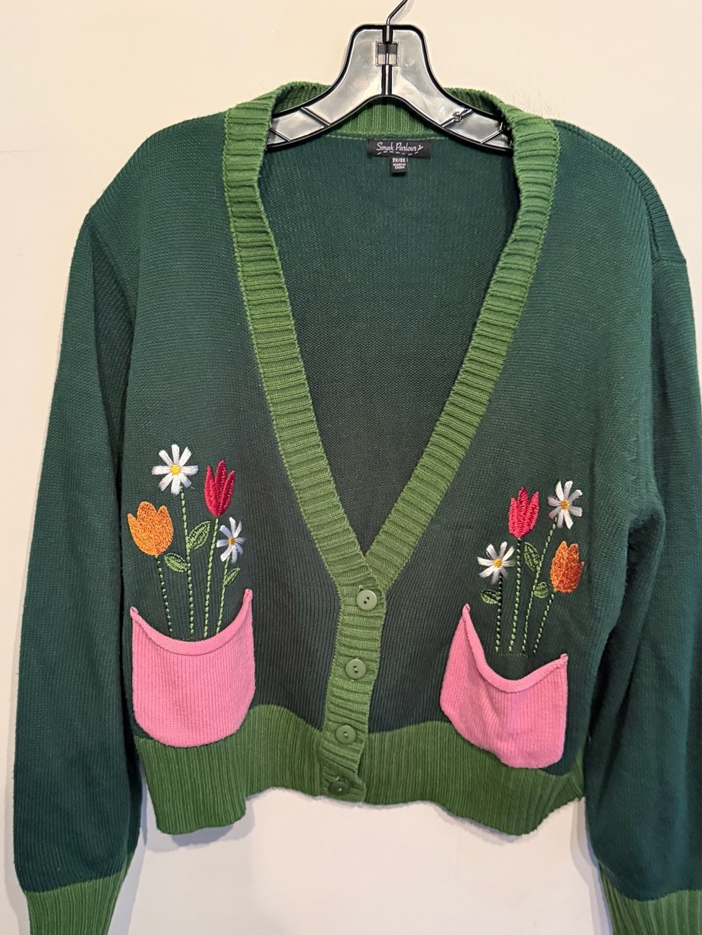 Smak Parlour Green & Pink Flower Pocket Cardigan Size 2X/4X Cottagecore BOHO